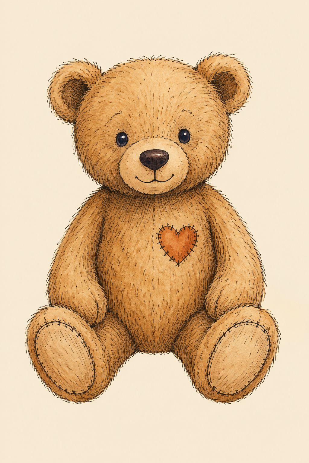 A rustic watercolour drawing of a cuddly teddy bear